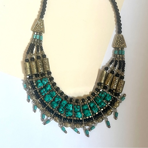 south africa 🇿🇦 boho turquoise black gold boho fringe statement necklace - Picture 6 of 12